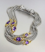 GORGEOUS Silver Box Chain Cables Purple CZ Crystals Magnetic Clasp Bracelet  - $26.99