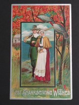 Best Thanksgiving Wishes Turkey Pilgrim Couple Embossed c1910s Antique Postcard - £7.87 GBP