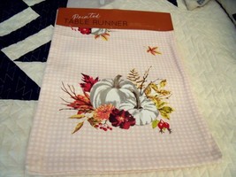 New Fall Pink Check White Pumpkin Table Runner 13&quot; X 72&quot; Autumn Leaves - £19.79 GBP