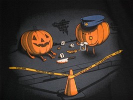 TeeFury Halloween YOUTH MEDIUM &quot;Crime Scene&quot; The Pumpkin Carver Did It B... - £10.27 GBP