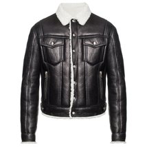Black Luxurious Designer Leather Jacket w/ Shearling Collar  - £125.76 GBP