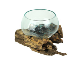 Blown Melted Glass Decorative Bowl Terrarium On Teak Driftwood Base - $98.99
