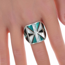 sz10.5 Vintage Zuni Turquoise, Jet, and shell channel inlay sterling ring - £232.15 GBP
