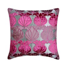 Floral 16&quot;x16&quot; Silk Silver Decorative Pillows Cover, Fuchsia Lotus - £24.80 GBP+