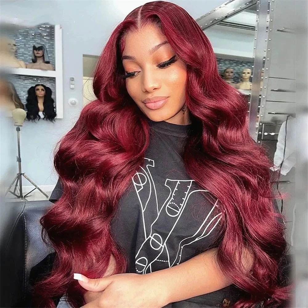 Burgundy 99J Red Lace Front Synthetic Hair Wigs Colored Body Wave Wig Gluele - £56.60 GBP+