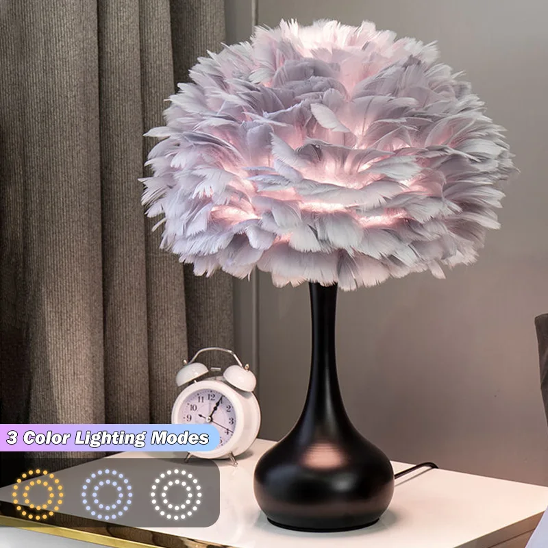 Feather Bedroom Table Lamp,Modern LED USB Three-Color Bedside Night - $49.48+