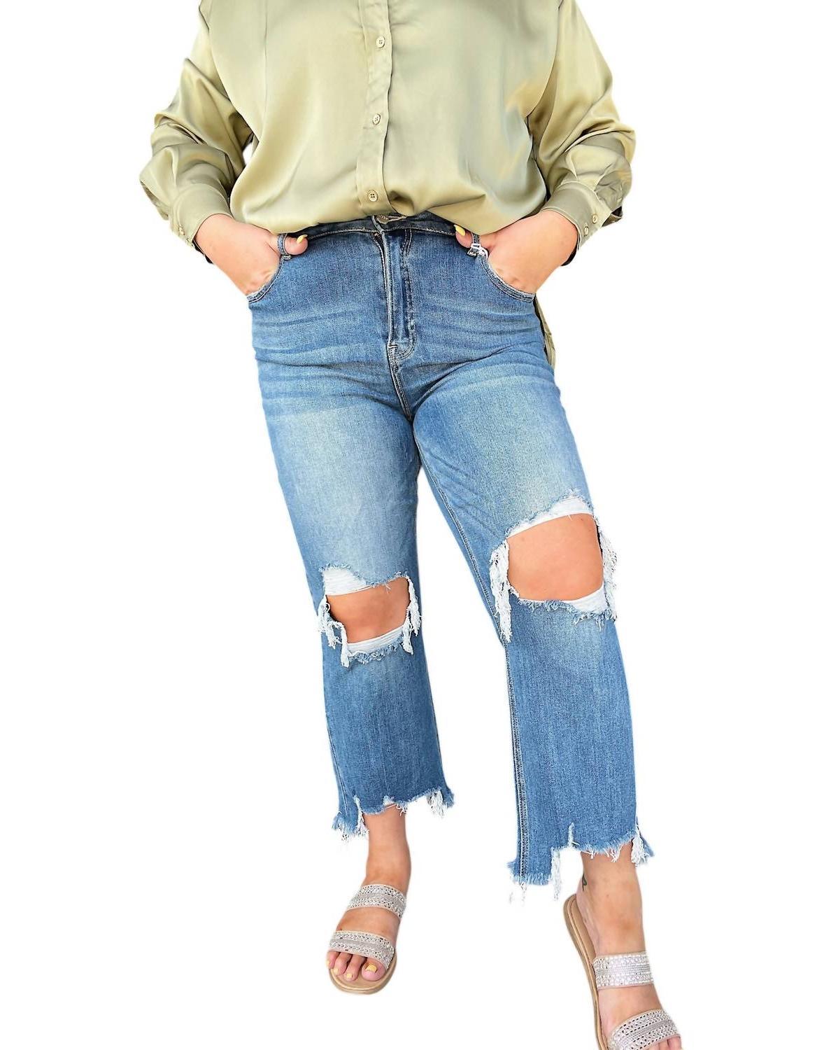 Risen Tina High Rise Distressed Crop Straight Jeans Mediun Blue - $47.00