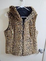 Faux Fur Leopard Vest With Hood Front Pockets Reversible To Black Size L... - £13.03 GBP