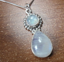 Blue Moonstone Pendant Dbl Gem with Silver Dot Accents 925 Sterling Silver h137v - £16.53 GBP