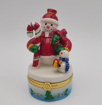 Snowman with Candy Cane &amp; Little Snowman Porcelain Hinged Trinket Box - $14.50