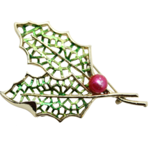 Vintage Double Holiday Holly Leaf Pin Brooch w Berry Bead  2.75&quot; Long - ... - £12.78 GBP