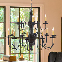 Large Harrison Chandelier Primitive Wood &amp; Metal 15 Candle Rustic Ceiling Light - £786.31 GBP