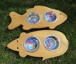 Cat Feeder MOUSE or FISH Elevated Wood Steel Bowl Dish Stand Amish Handmade USA  - £34.89 GBP+