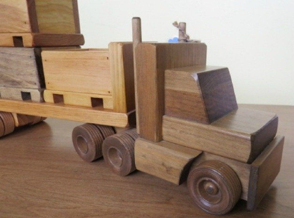 Primary image for HANDMADE WOOD SKID TRUCK - Tractor Trailer with 3 Crates Pallet Cargo Amish USA