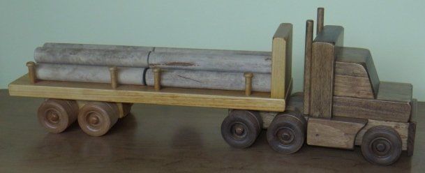 LOGGING TRACTOR TRAILER TRUCK - Amish Handmade Working Wood Toy with Log Cargo - $155.99