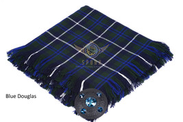 Handmade Scottish Traditional Blue Douglas - Tartan Kilt Fly Plaid &amp; Brooch - £38.23 GBP