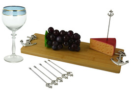Nautical Anchors Bamboo Cheese Board 16&quot;by5&quot; &amp; 6 Stainless Steel Picks Gift Set - £25.57 GBP