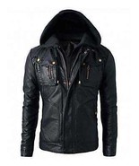 New Men&#39;s Motorcycle Brando Style Biker Real Leather Hoodie Jacket - Det... - £56.12 GBP