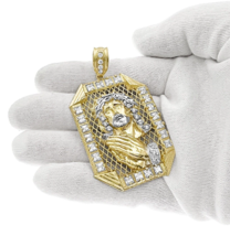 Jesus Head Praying Hands Octagon Mens Pendant 10k Yellow Gold CZ Charm 2... - £892.36 GBP