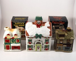 Christmas Votive Tee Lights Candle Holders Village Buildings Ceramic Set Of 3 - £10.15 GBP