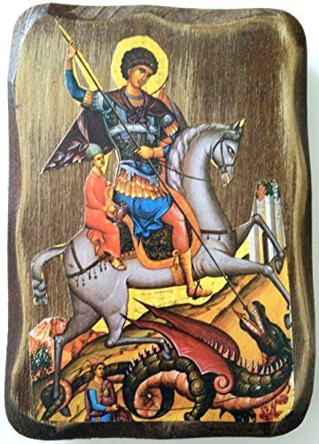Wooden Greek Christian Orthodox Wood Icon of Saint George on A Horse Slaying ...
