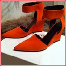 Orange Faux PU Leather Ankle Strap Pointed Toe 3 inch Wedge Heel Sandals