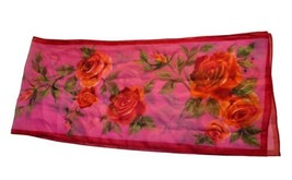 Red Pink Floral Rose Silk Scarf Shawl Oblong 50”x11” - $12.00