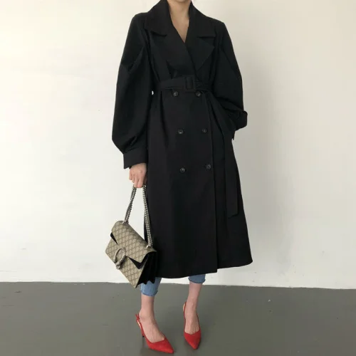 for Trench  Spring Autumn Long Coat Female Korean es Black Overcoat Vintage Mant - £540.91 GBP