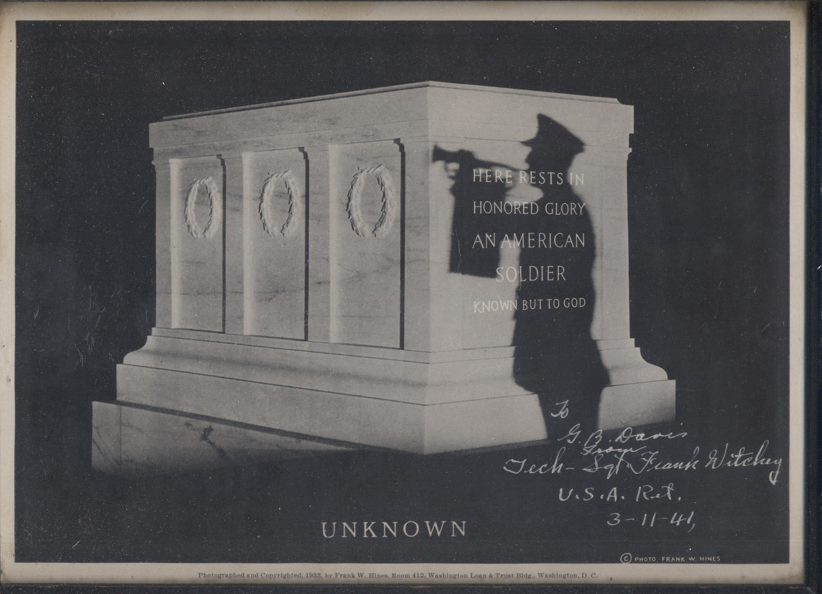 US Army Arlington Cemetary Sgt Frank Witehey Signed Photo Unknown Soldier Bugler - $40.00