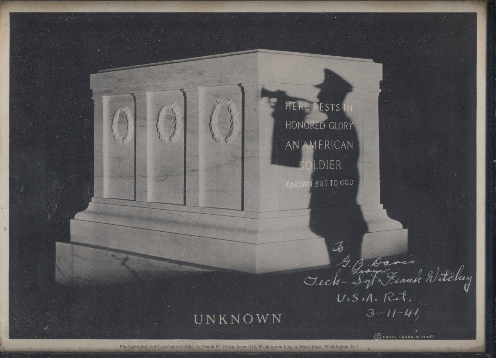 US Army Arlington Cemetary Sgt Frank Witehey Signed Photo Unknown Soldie... - $40.00