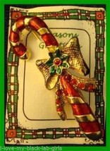 Christmas PIN #0218 Candy Cane Red &amp; Goldtone Green Flower on Bow &amp; Red Beads - £15.53 GBP