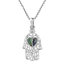 Hamsa Hand with Abalone Shell Heart Sterling Silver Chain Necklace - £21.68 GBP