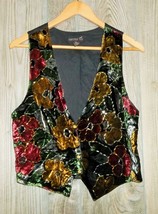 Vintage 90s Beaded Black Multi Colored Vest S Crushed Velvet Floral by Thums Up  - £15.18 GBP