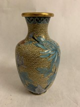 Vintage Chinese Asian Cloisonne Enamel Vase Gold &amp; Blue Floral, 6&quot; - £101.26 GBP