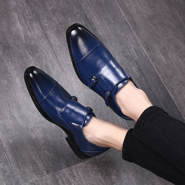 Blue Monk Shoes Premium Quality Leather Burnished Cap Toe Double Buckle Strap