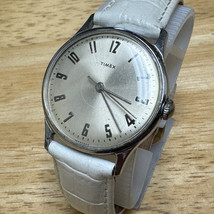 VTG 1968 Timex Mercury Watch Men Hand-Wind Mechanical Silver White Leather Band - £45.55 GBP
