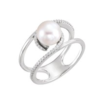 Freshwater Cultured Pearl and Diamond Open Space Ring in 14K White Gold Size 7 - £948.47 GBP