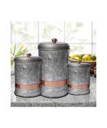 Farmhouse Look Galvanized Metal Lidded Canister w/Copper Band, Set Of Three - £45.51 GBP