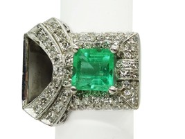 Retro Art Deco Emerald &amp; Diamond Ring 18k White Gold Size 4.5 - £3,805.47 GBP