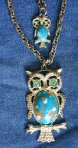 Aqua Lucite &amp; Rhinestone Silver-tone Double Owl Pendant Necklace 1970s vintage - £15.69 GBP