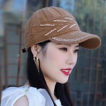 Rhinestone Knitted Wool Cap Women&#39;s Large Size Warm Baseball Cap For Autumn And  - £14.22 GBP