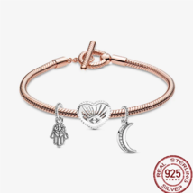 .925 Sterling Silver Rose Gold T-Bar Snake Chain Charm Bracelet - $49.00