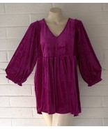 New Umgee Small Magenta Velvet V Neck High Waist Balloon Sleeves Tunic Top - $30.00