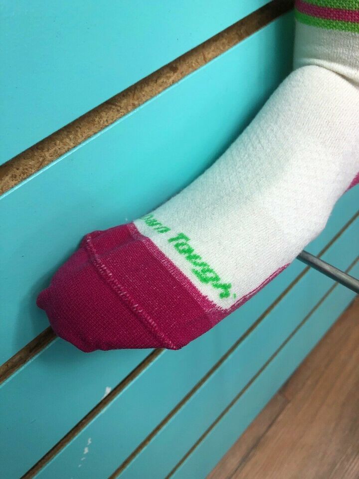 Darn Tough Vermont Women’s Bike Socks Large-White/Green/Pink 1783 Brand New !!