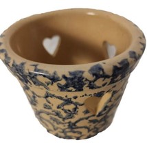RRP Roseville Pottery Crock Blue Sponge Heart Cutouts Design Candle Holder - $14.85