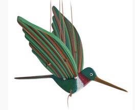 Green Ruby Throat Hummingbird Flying Mobile Wood Art Collectible Fair Trade - £32.66 GBP