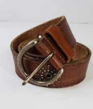 Leather Belt Womens Small Brown Silver Tone Buckle Metal Beads Western Boho - £11.66 GBP