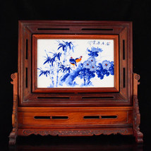 Chinese Zitan Wood Inlay Porcelain Plaque Painting Turn Heart Screen - £471.19 GBP