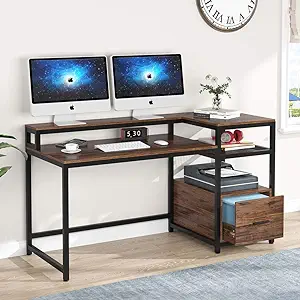 Computer Desk With Hutch And Storage Shelves, 59 Inch Large Rustic Home ... - $370.99