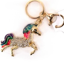 Bling Crystal Rhinestone Unicorn Key Chain Bag Charm Rainbow Gold - $283.25 MXN